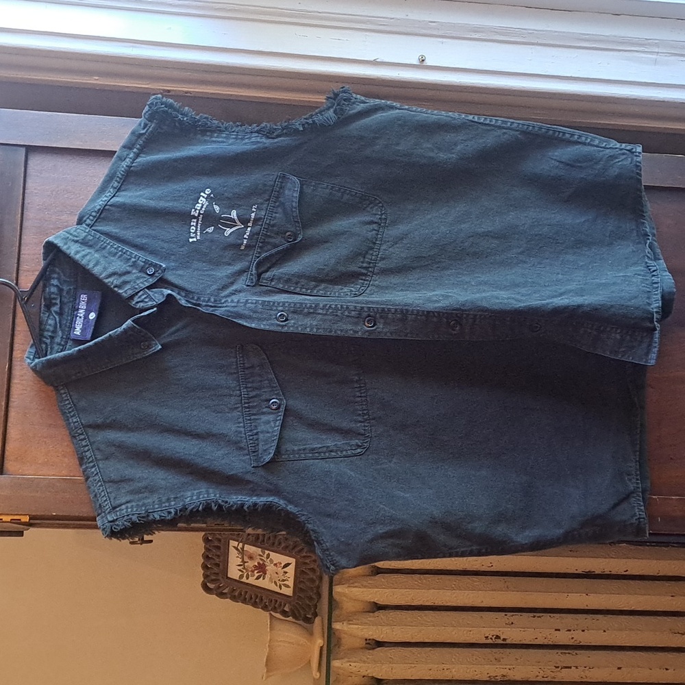 American Biker Men's size L 100% cotton black cut off sleeves denim shirt